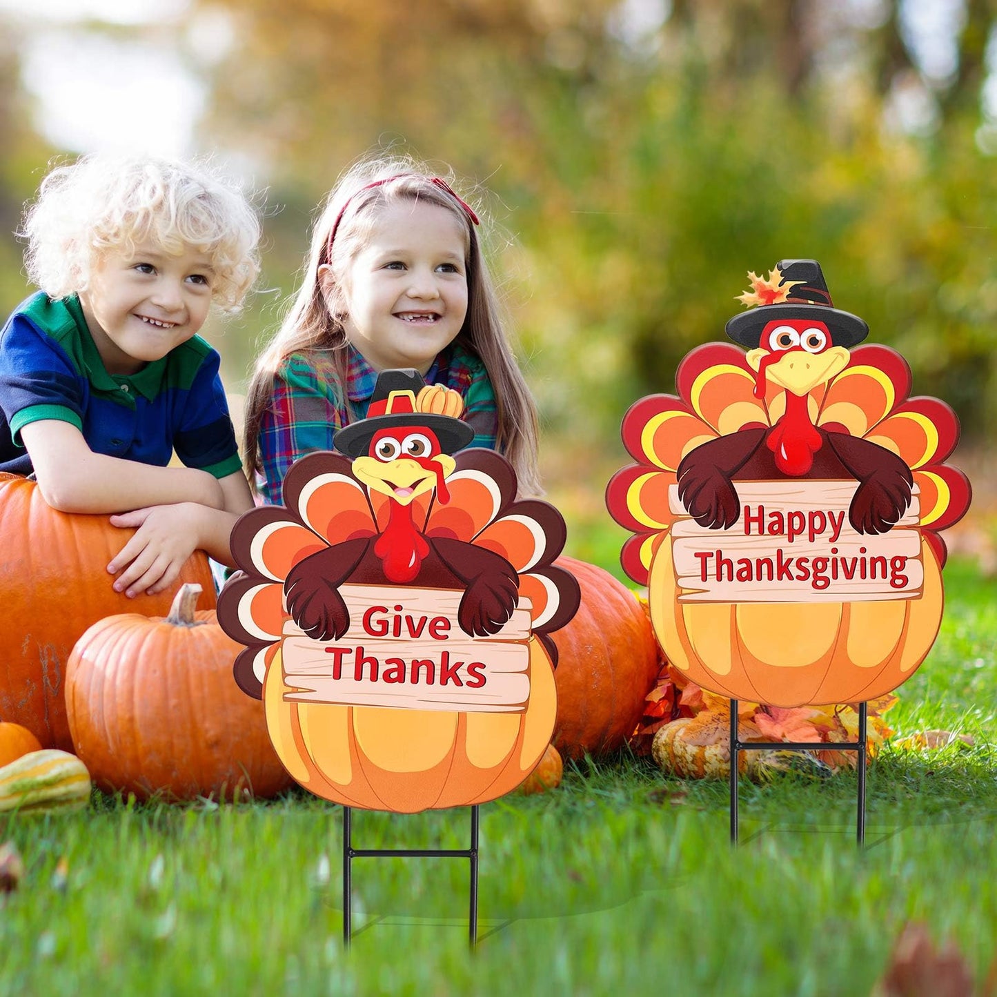 Whaline 2 Pack Fall Thanksgiving Metal Decorative Garden Stake Turkey Pumpkin Welcome Harvest Yard Sign Waterproof for Home Garden Yard Lawn Patio Backyard Walkway Decorations