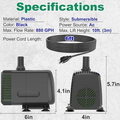Knifel Submersible Pump 880GPH (3500L/H 60W) Ultra Quiet with Over Heating Protection 10.2ft High Lift for Fountains, Hydroponics, Ponds, Aquariums & More…