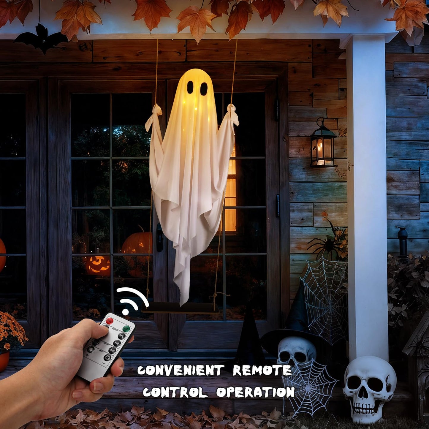 Yywsya Halloween Decorations Outdoor Large Hanging Swing Ghost with String Lights Remote Control Halloween Swinging Ghost Decor for Tree Porch Yard Garden Lawn