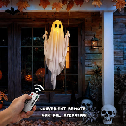 Yywsya Halloween Decorations Outdoor Large Hanging Swing Ghost with String Lights Remote Control Halloween Swinging Ghost Decor for Tree Porch Yard Garden Lawn