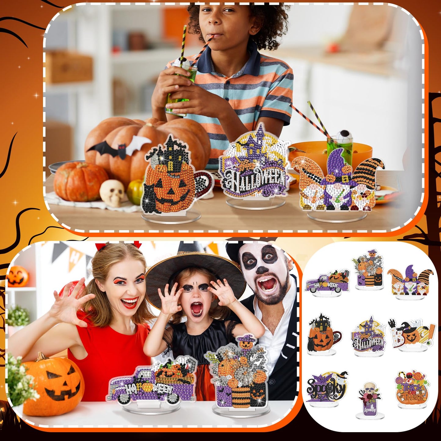 Kosiz 9 Pcs Halloween Diamond Painting Table Decorations Halloween Diamond Art Kits for Adults Double Sided Acrylic Bat Pumpkin Ghost Centerpieces for Tabletop DIY Crafts Gifts Party Decor Home