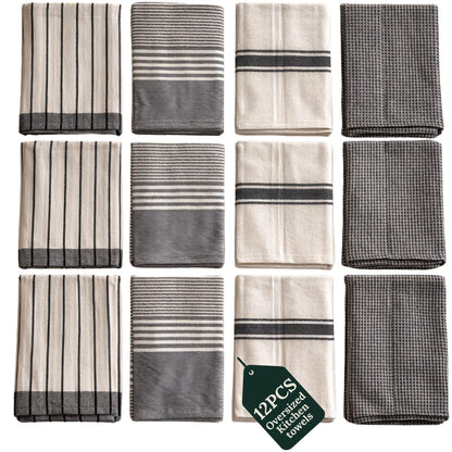 CLOUDSCAPE Kitchen Towels, Set of 12, Premium Cotton Dish Towels for Kitchen, 18" x 28" Oversized Hand Towel, Quick Absorbent & Drying Tea Towel with Hanging Loop - Grey