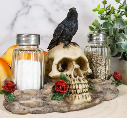 Ebros Day Of The Dead Raven Crow With Rose Skull Salt And Pepper Shakers Holder Figurine Set 6.25"L Halloween Graveyard Spooky Macabre Skulls Skeletons