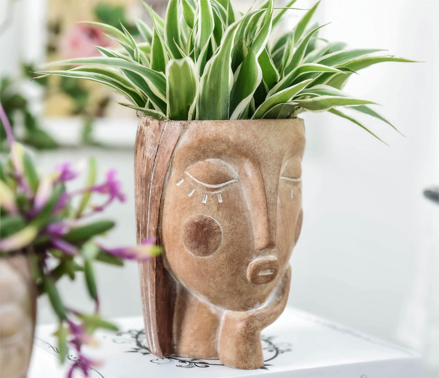Saysmile Head Planters for Indoor Plants, Face Flower Pot Head Planter Succulent Planters Unique Face Planter with Drainage Hole - Rustic Thinking Girl Closed Eyes