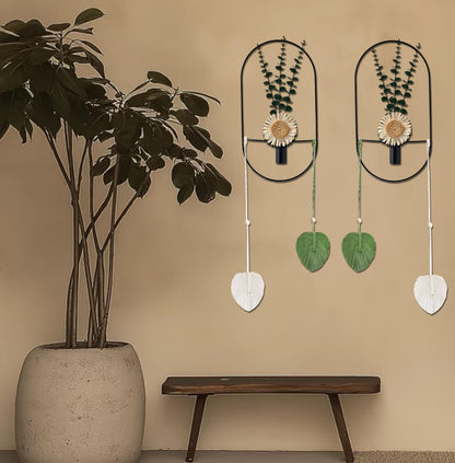 Black Wall Mounted Metal Planter, 2 Piece Set, Large Wall Hanging Vase with Faux Plants, Plant Wall Decor for Living Room, Bedroom, Bathroom, Dining Room