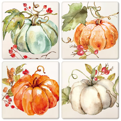Whaline Fall Thanksgiving Coasters Watercolor Pumpkin Square Drink Coaster Autumn Harvest Absorbent Ceramic Cup Mat for Mugs Cups Home Kitchen Office Party Supplies, 4Pcs
