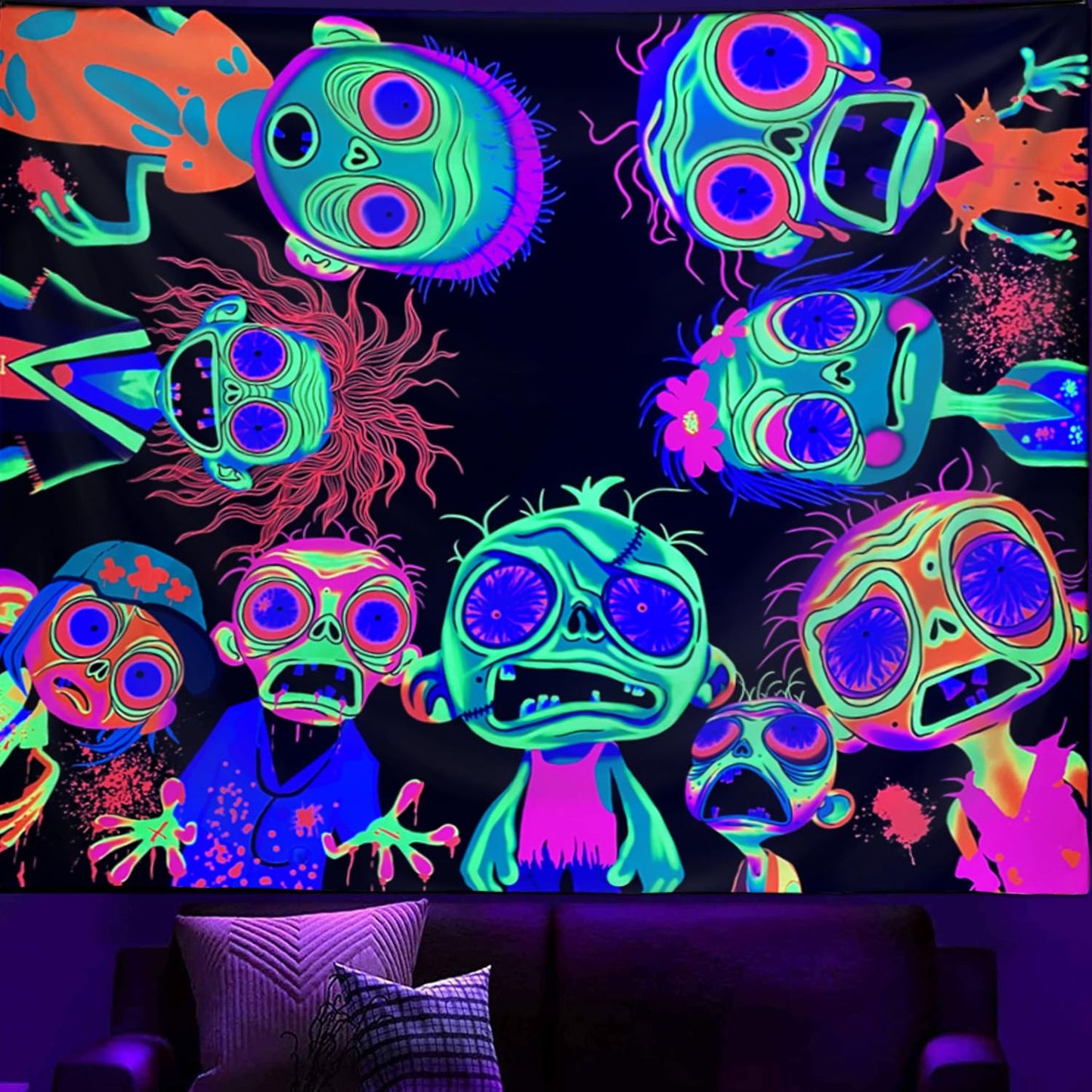Horror Tapestry Blacklight Tapestry for Bedroom Zombie Crowd Around Tapestries UV Reactive Poster Glow in the Dark Walker Undead Ghoul Tapestries Wall Hanging Halloween Decor Scary Room Decor 90"x71"