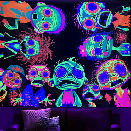 Horror Tapestry Blacklight Tapestry for Bedroom Zombie Crowd Around Tapestries UV Reactive Poster Glow in the Dark Walker Undead Ghoul Tapestries Wall Hanging Halloween Decor Scary Room Decor 90"x71"