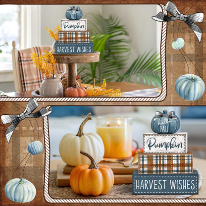 Britimes 4 Pcs Blue Pumpkins Fall Decor Wooden Tiered Tray Sign, Farmhouse Rustic Autumn Pumpkin Decorations Stack Block Set Harvest Wishes Table Centerpieces for Home Kitchen Shelf