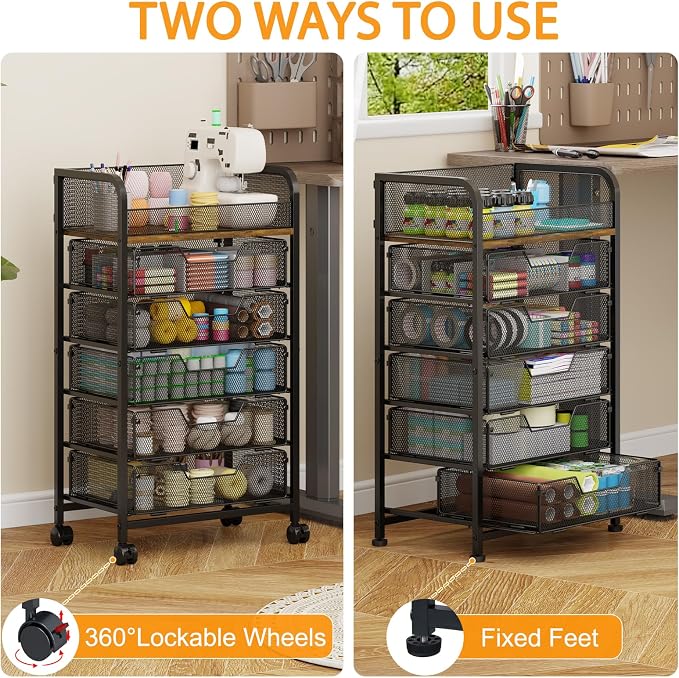 Yociyoga 6-Tier Craft Cart with Wheels-Rolling Storage Cart with Drawers,Rolling Utility Cart with DIY Divider,Art Supply Organizer Cart,Rolling Cart with Drawers,Craft Organizers and Storage,Black