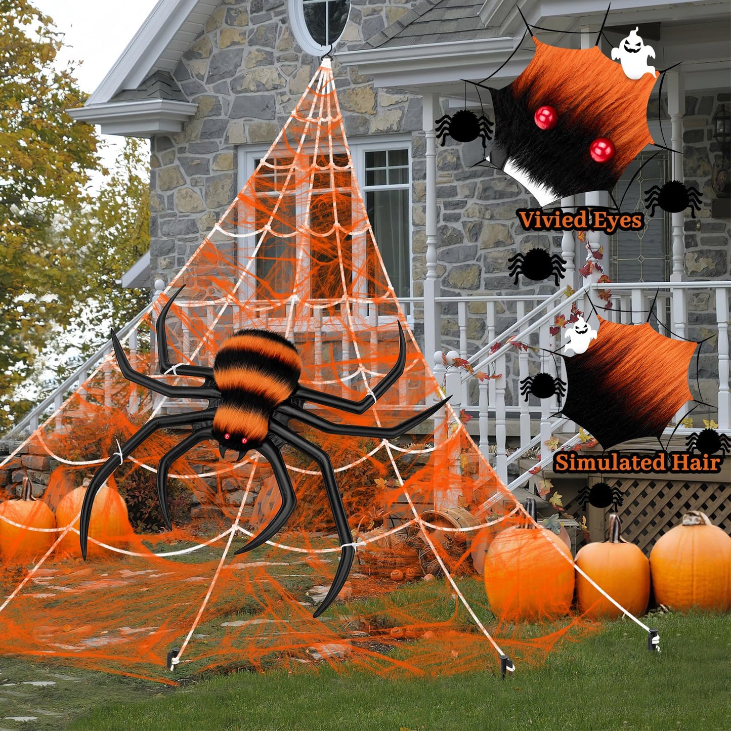 Halloween Decorations Spider Web, 40'' Inflatables Giant Spider + 200'' Triangular Giant Spider Web + 20G Spider Web, Scary Hairy Fake Halloween Spiders Props for Indoor Outdoor Party Halloween Yard.