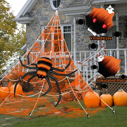 Halloween Decorations Spider Web, 40'' Inflatables Giant Spider + 200'' Triangular Giant Spider Web + 20G Spider Web, Scary Hairy Fake Halloween Spiders Props for Indoor Outdoor Party Halloween Yard.