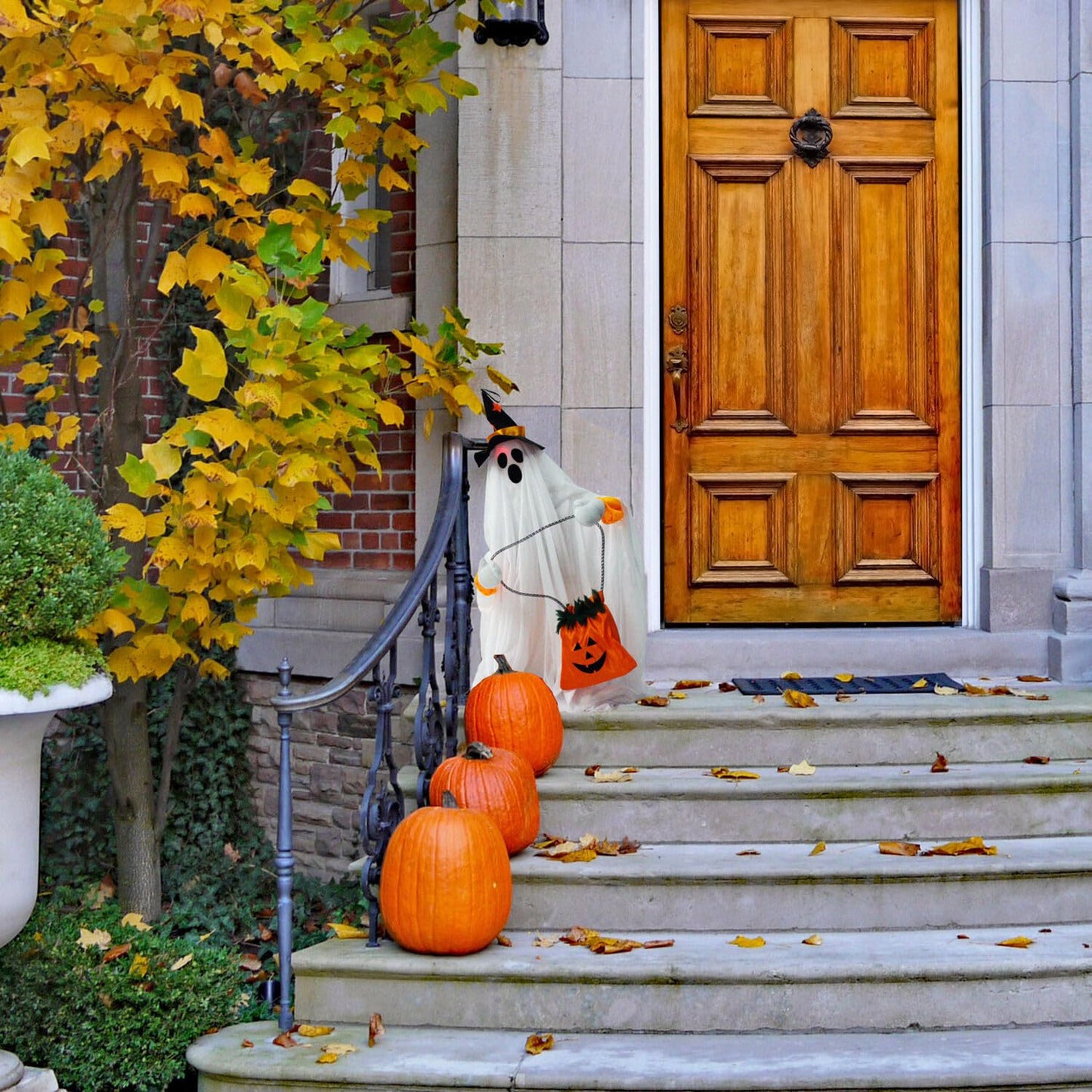 Haunted Hill Farm Friendly Ghost Halloween Animatronic with Touch Activated Lights and Music, Battery Operated Indoor or Covered Outdoor Halloween Decorations, Cute and Modern Halloween Props for Home