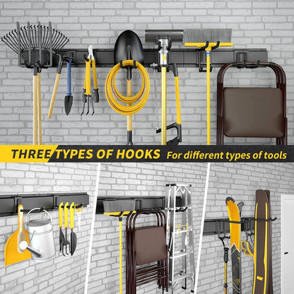 UUP 64 Inches Garage Storage, Garage Organization, Wall Mount Garden Tool Organizer, Max 620lbs Adjustable Metal Hooks, Yard Shed Rack, Tool Holder for Hanging Rake Broom Mop Snowboard, Home Gift