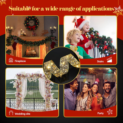 Sherr 79ft Christmas Ribbon Lights, 240 LED Fairy Lights, Battery Operated, Gold, Model SH-79FT-240-G-HD