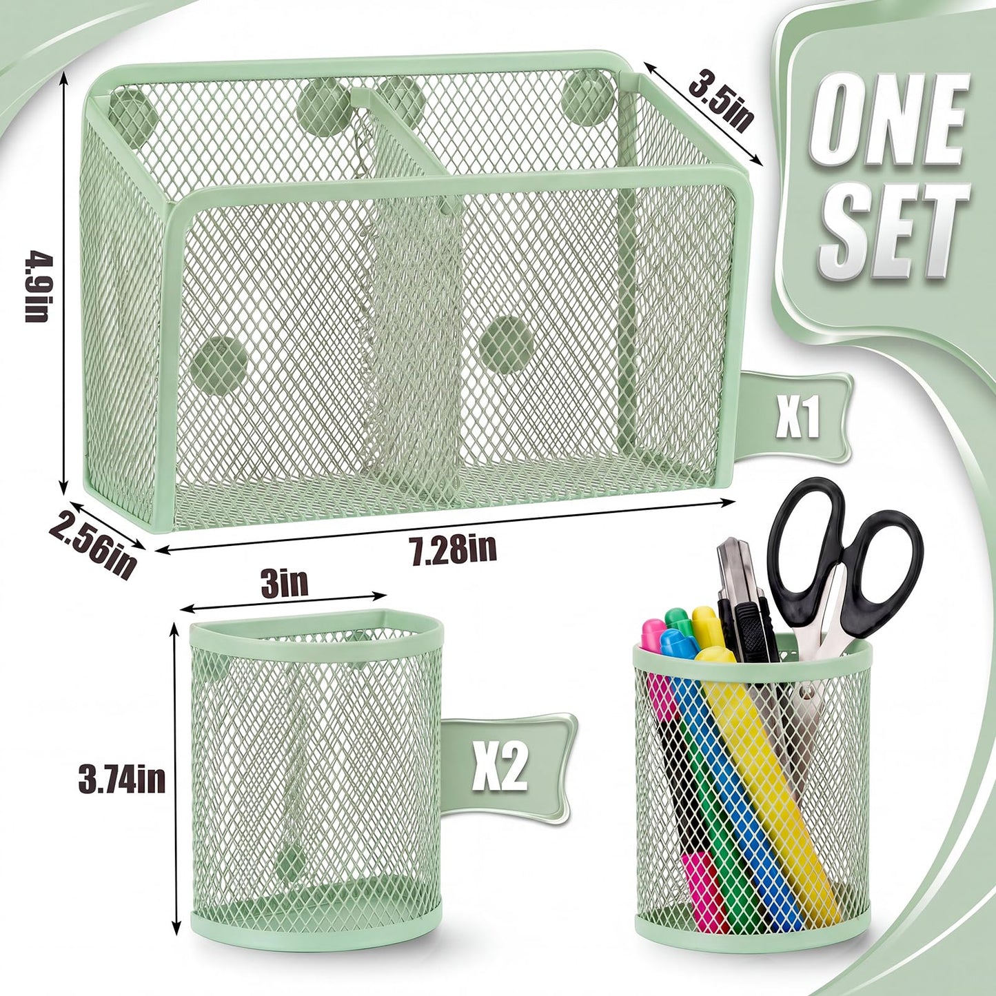 Marspark 3 Pcs Magnetic Pen Holder Set Metal Pencil Holder with Strong Magnets Wire Mesh Storage Basket Organizer for Locker Accessories Whiteboard Refrigerator School Office Dorm(Sage Green)
