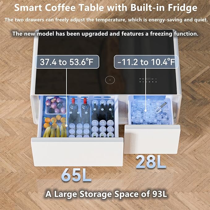 Smart Coffee Table with Fridge and Bluetooth, Smart Living Room Table with Frozen Drawers, Dual Speakers, 15W Wireless Charger, Touch Control, USB Ports, Atmosphere Light, LT90 Ultra-White