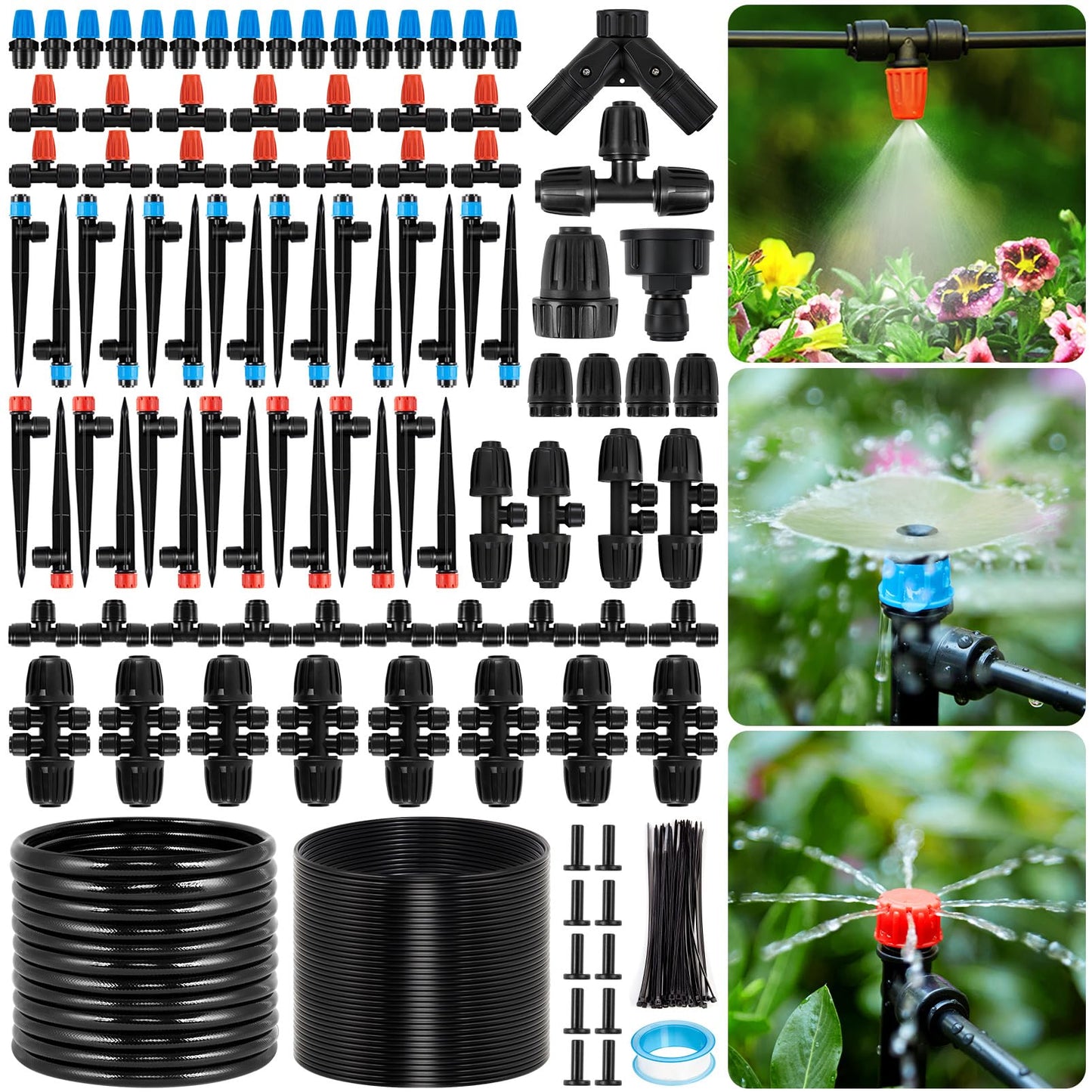 300FT Drip Irrigation System Kits - Automatic Garden Watering Sprinkler with 1/2 & 1/4 inch Tubing Hose Patio Misting Plant Irrigation Water Equipment Quick Connector for Greenhouse Flower Beds Lawn