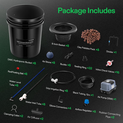 VIVOSUN DWC Hydroponics Grow System with Top Drip Kit, 5-Gallon Deep Water Culture, Recirculating Drip Garden System with Multi-Purpose Air Hose, Air Pump, and Air Stone (8 Buckets + Top Drip Kit)