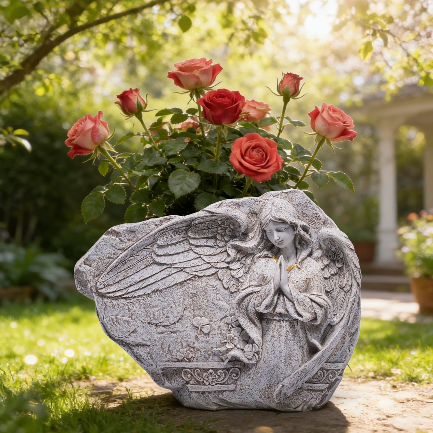 basen Angel Garden Planter Outdoor, Resin Flower Pot with Praying Angel Relief Sculpture, Decorative Planter for Yard Lawn Patio, Stone Style Garden Flower Pot for Plants Succulents Decor