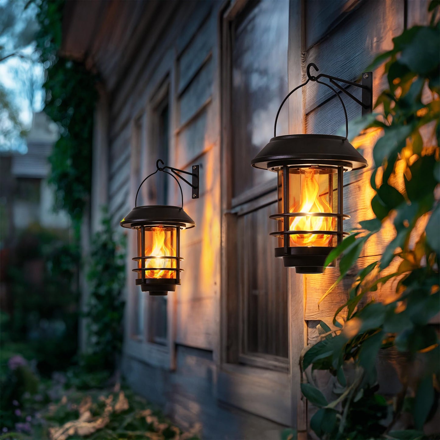 Otdair Solar Lanterns Outdoor Waterproof, 2 Pack Flickering Flames Wall Garden Decor , Hanging Solar Lights Wall Mount Decorations for Halloween, Front Porch, Patio, Yard