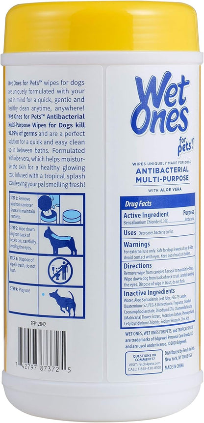 Wet Ones for Pets Antibacterial Dog Wipes, Multi-Purpose Grooming Wipes with Aloe Vera for Paws, Face & Body, Easy Cleanups Between Baths, Tropical Splash Scent, 5.7 in x 7.5 in, 50 Count - 3 Pack