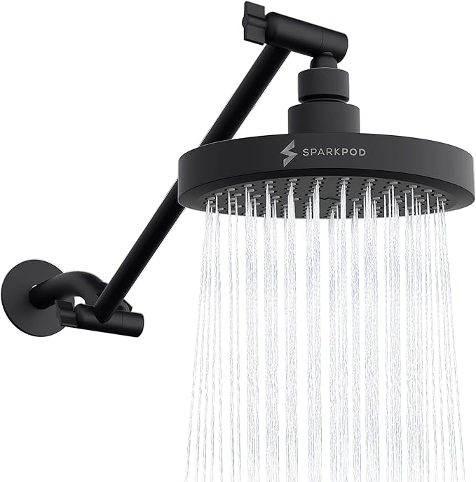 SparkPod 6" Round Rain Shower Head with 11" Shower Arm | Shower Head & Extension Arm Combo, Height Adjustable, High Pressure Performance, Easy 1-Minute Installation, Black Matte