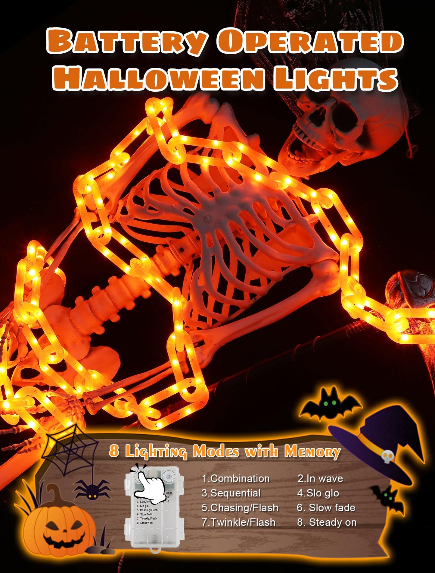 BEEWIN Halloween Decorations Chain Lights,10.4 Ft 175 LED Plastic Chain String Lights Battery Operated and USB,8 Lighting Modes Orange Light with Timer for Halloween Skeleton Dog Party Spooky Outdoor