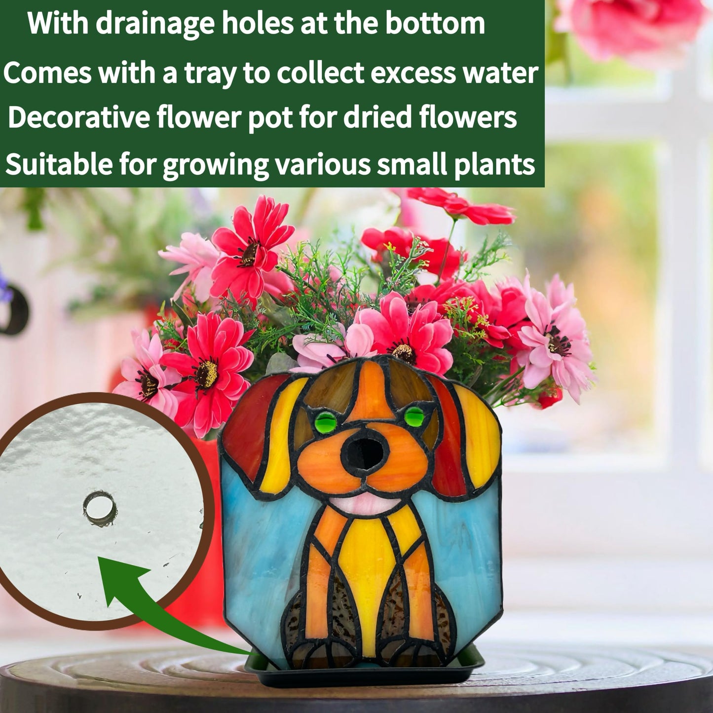 Entlityful Tiffany Style Dog Planter,Indoor Plant Pots with Drainage,Unique Cactus Pot,Arrange Dried Flowers Flower Pots,Plant Gifts for Dog Lovers
