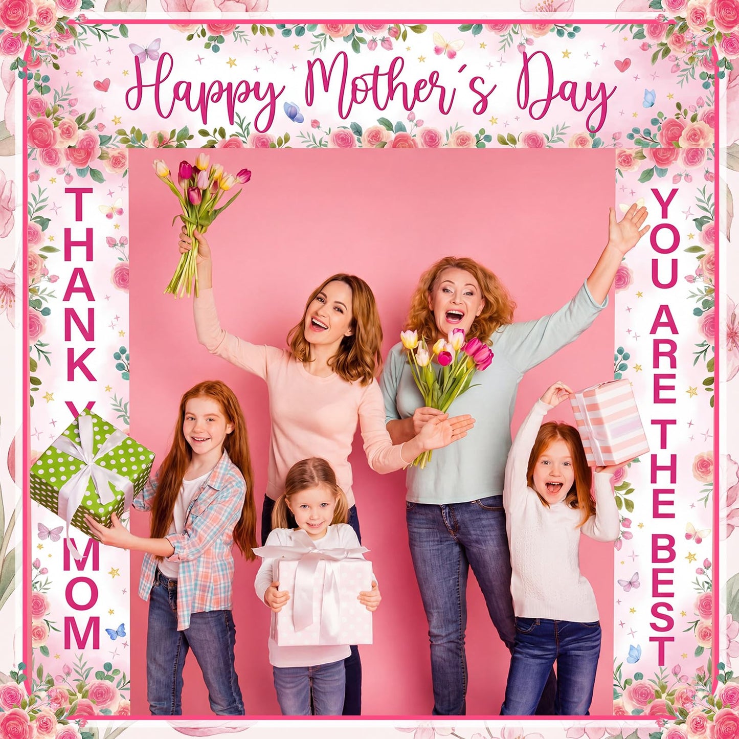 Fanfanwin 3 Pcs Pink Happy Mother's Day Banner Set Thank You Mom Front Door Banner Rose Floral Mother Decor You Are The Best Mama Party Supplies Decorations for Women Mama Wife Hanging Home Decor