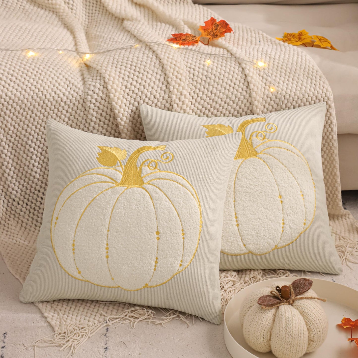 LUOYEHK Halloween Pillow Covers 18x18 Set of 2 Fall Pumpkin Decorative Throw Pillow Covers Thanksgiving Farmhouse Corduroy Cushion Covers for Couch Sofa Bed