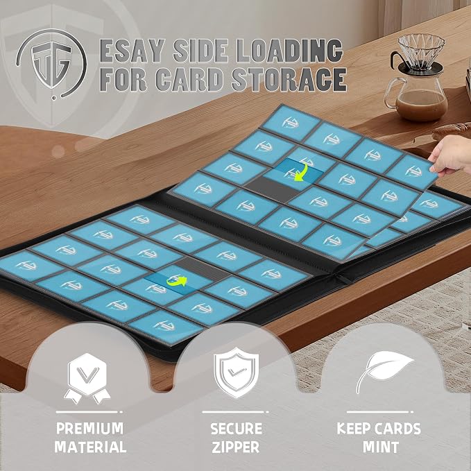 16 Pockets Trading Card Zipper Binder for 1000+ Cards| Secure Side Loading Pockets | Trading Card Album Folder | Compatible with YuGiOh, MTG,Sports Cards (Black 16)