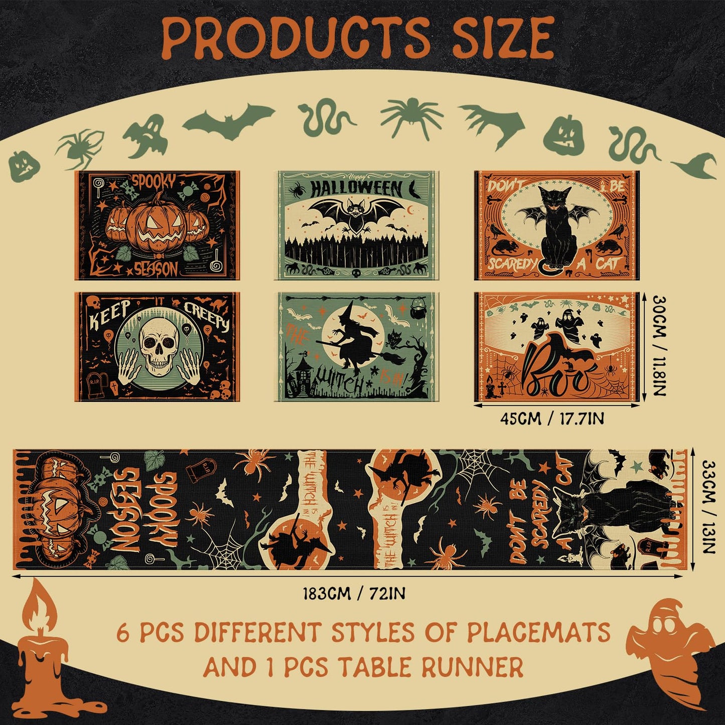 Breling 7 Pcs Halloween Placemats with Runner 12"x18" Terror Forest Gothic Bat Placemats Washable Rectangle Skull Table Mats for Halloween Kitchen Dining Table Home Accessories (Scary)