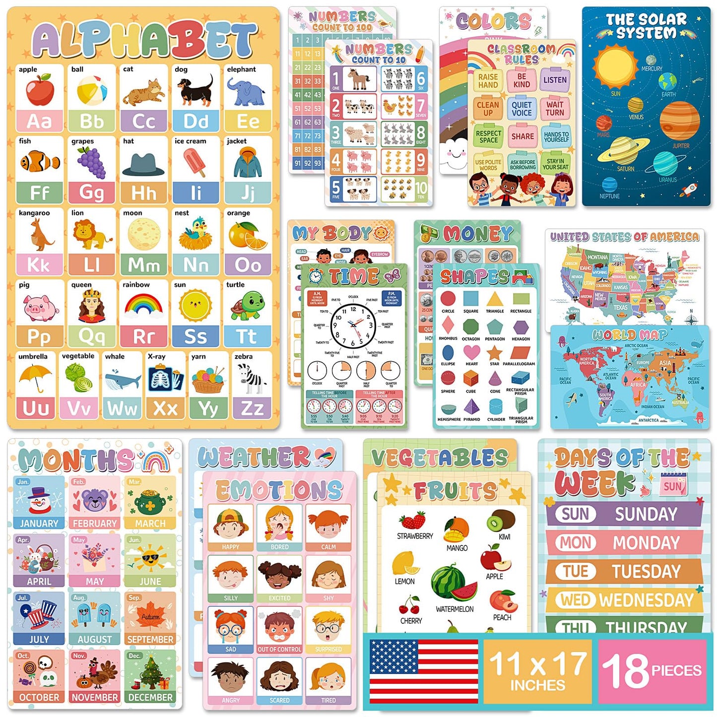 KONVINIT 18 Pack Educational Posters for Classroom Must Haves, Boho Learning Posters For Toddlers 1-3 with PET Lamination, Toddler Learning Posters - Kindergarten & Preschool Classroom Decor School Supplies For Kids