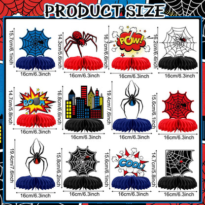 Pajean 12 Pcs Spider Honeycomb Centerpieces for Hero Birthday Party Decorations, 3D Heroic Comic Theme Table Toppers, Red Blue Spider Web Cityscape Paper Decor for Action Event Cake Table Supplies