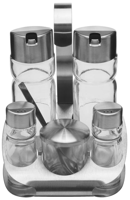 Oil and Vinegar Salt & Pepper Cruet Set (6 Piece) Durable Glass Stainless Steel Bottle Set With Caddy