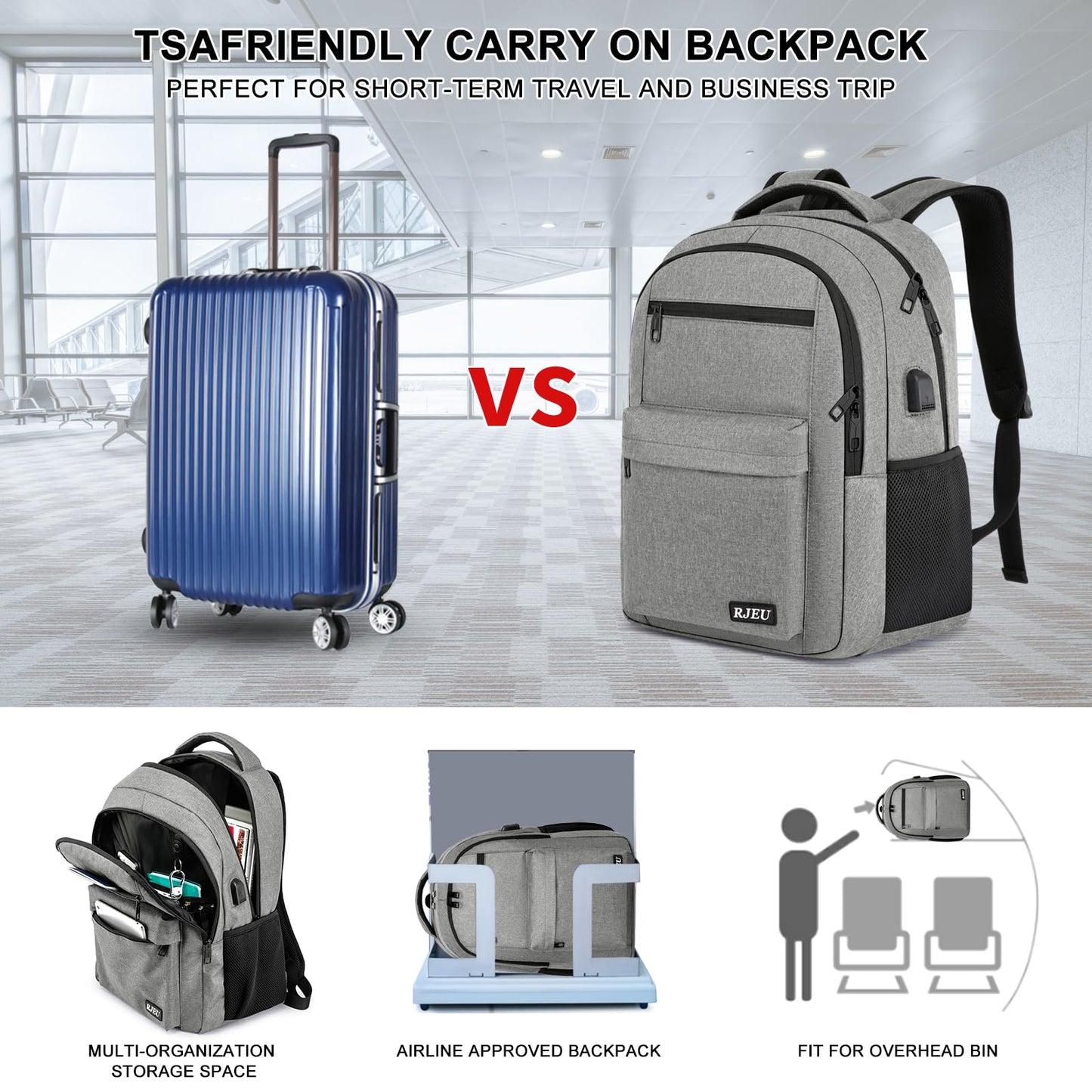 RJEU School Backpack for Teen Boys & Girls Students, 15.6 Inch Laptop Backpack with USB Charging Port - College Business Travel Bookbag, Grey