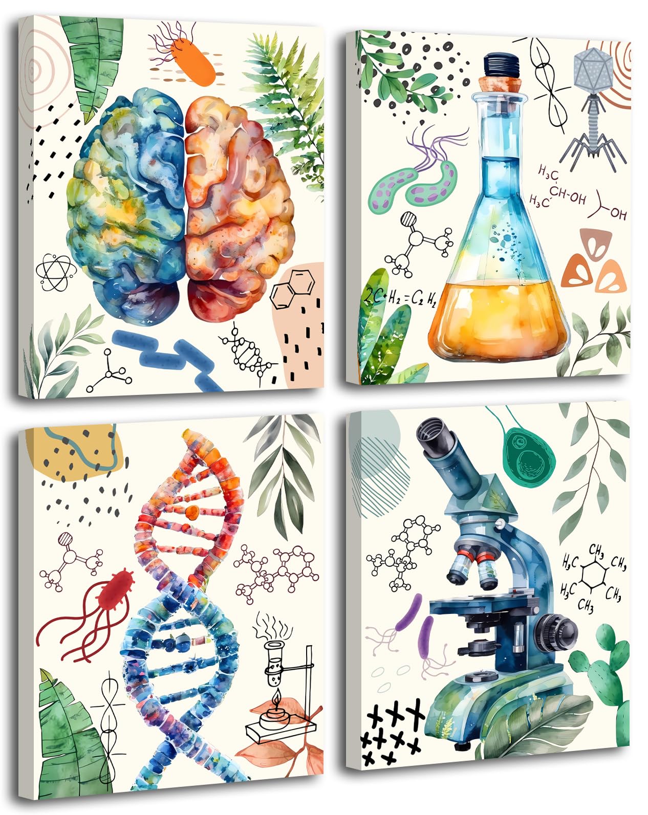 Science wall art Prints Framed Set of 4 (8"x10"IN),Science Experiment Classroom Boho Illustration Posters,Physics Chemistry Biology Canvas Art Prints for Educational Classroom Decor and Home Decor