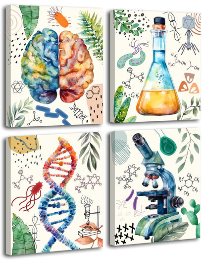 Science wall art Prints Framed Set of 4 (8"x10"IN),Science Experiment Classroom Boho Illustration Posters,Physics Chemistry Biology Canvas Art Prints for Educational Classroom Decor and Home Decor