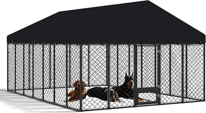 10x14FT Heavy Duty Outdoor Dog Kennel with Roof, Large Metal Dog Enclosure for Big Dogs, Weatherproof Fence Playpen with Double Lock Gate & Feeding Door