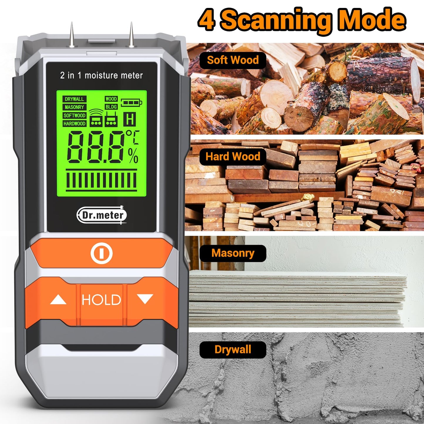 Wood Moisture Meter, 2 in 1 Pin & Pinless Moisture Tester, Digital Humidity Sensor Detector for Wood Firewood Drywall Floor Woodworking, Water Leak Detector for Building Home