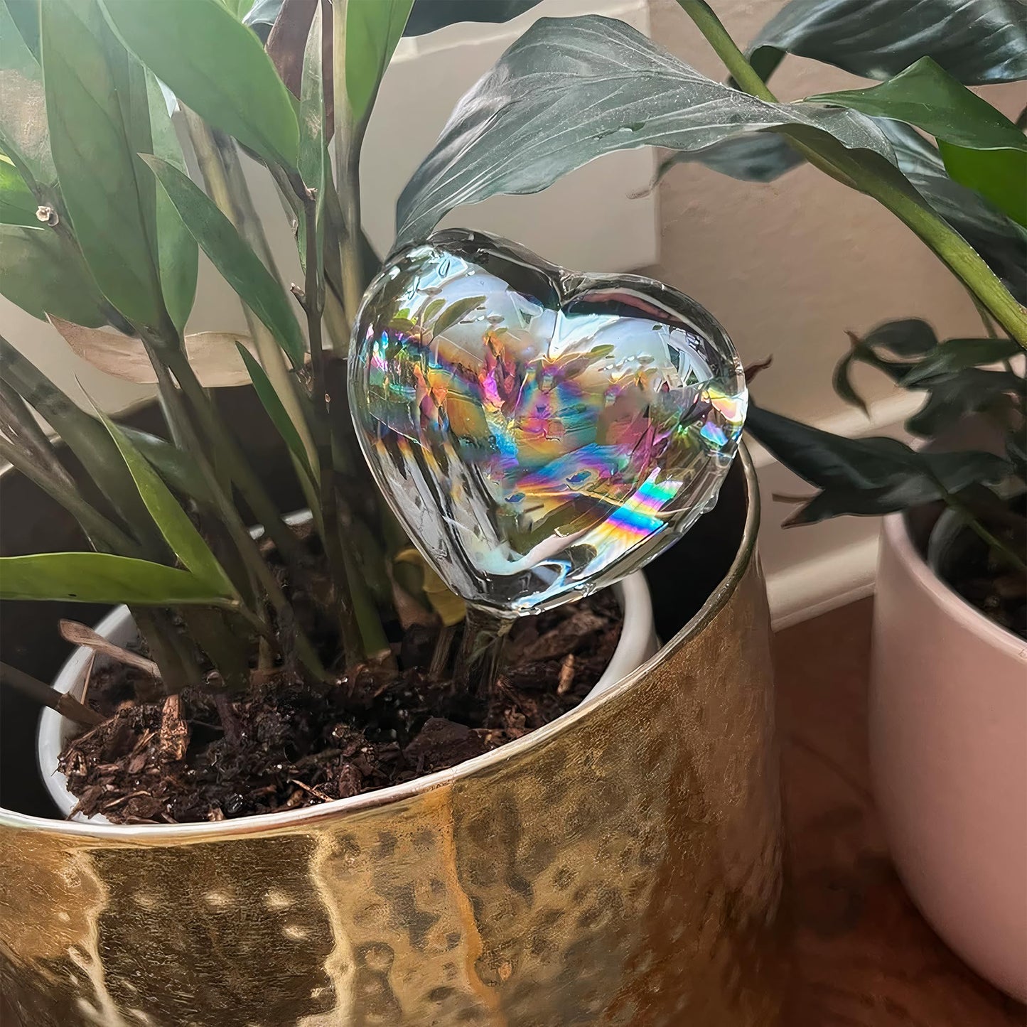 KH866 Heart Plant Water Globe, 4 Pcs Set Iridescent Glass Self Watering Bulbs, Heart Shaped Waterer Dripper for Indoor Plants, Outdoor Flowers, Planter Insert Garden Device for Pots