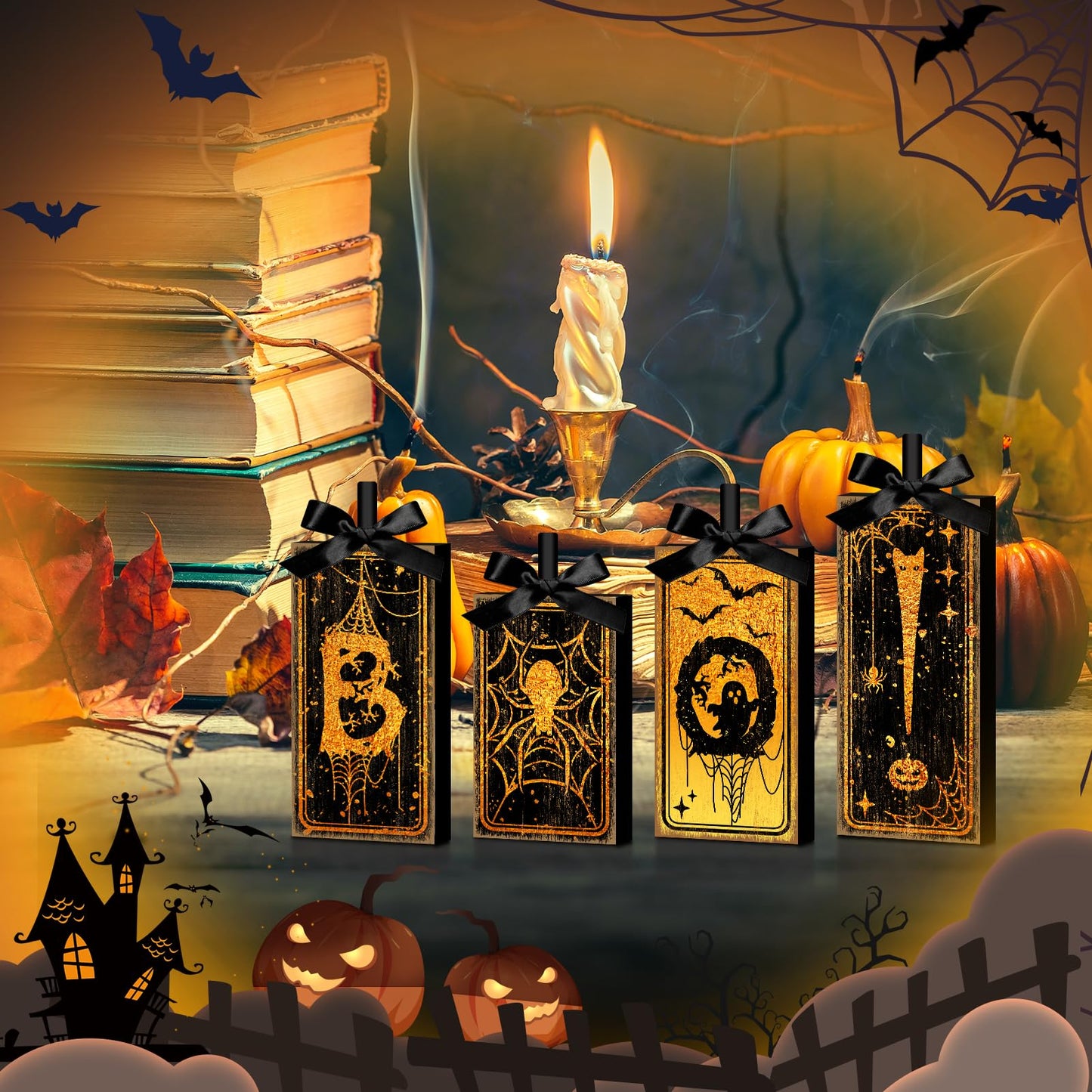 4 Pcs Boo Halloween Sign Wooden Tiered Tray Decor, Spider Ghost Black and Gold Table Decor Farmhouse Rustic Halloween Decorations Party Tabletop Centerpieces for Home Kitchen Indoor Mantel