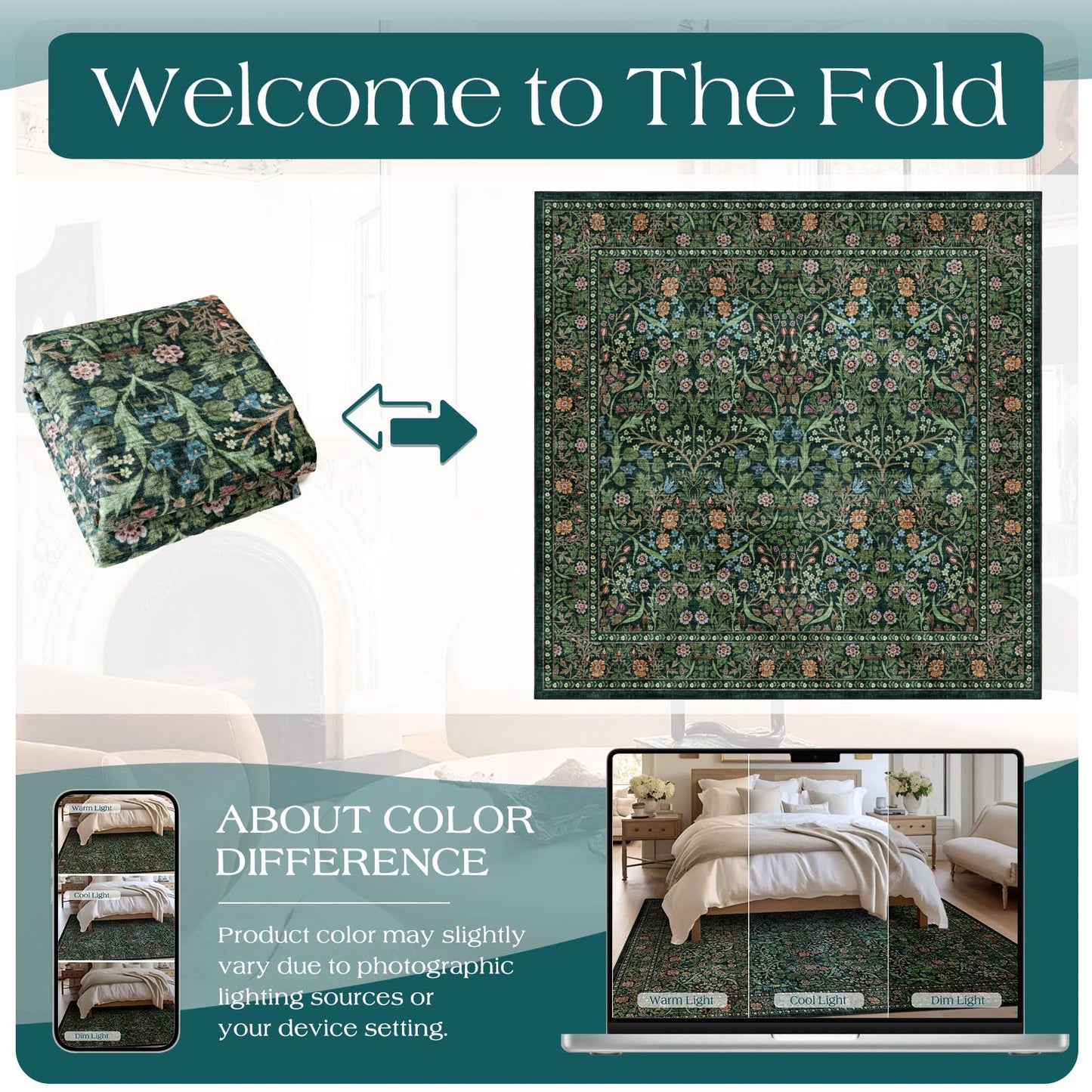 Othilic Moss Green 8x8 Square Rug - Soft Washable Boho Floral Living Room Rug Non Slip Stain Resistant Dark Forest Botanical 8' Square Area Rugs for Bedroom Guest Room Dining Room Rugs for Under Table