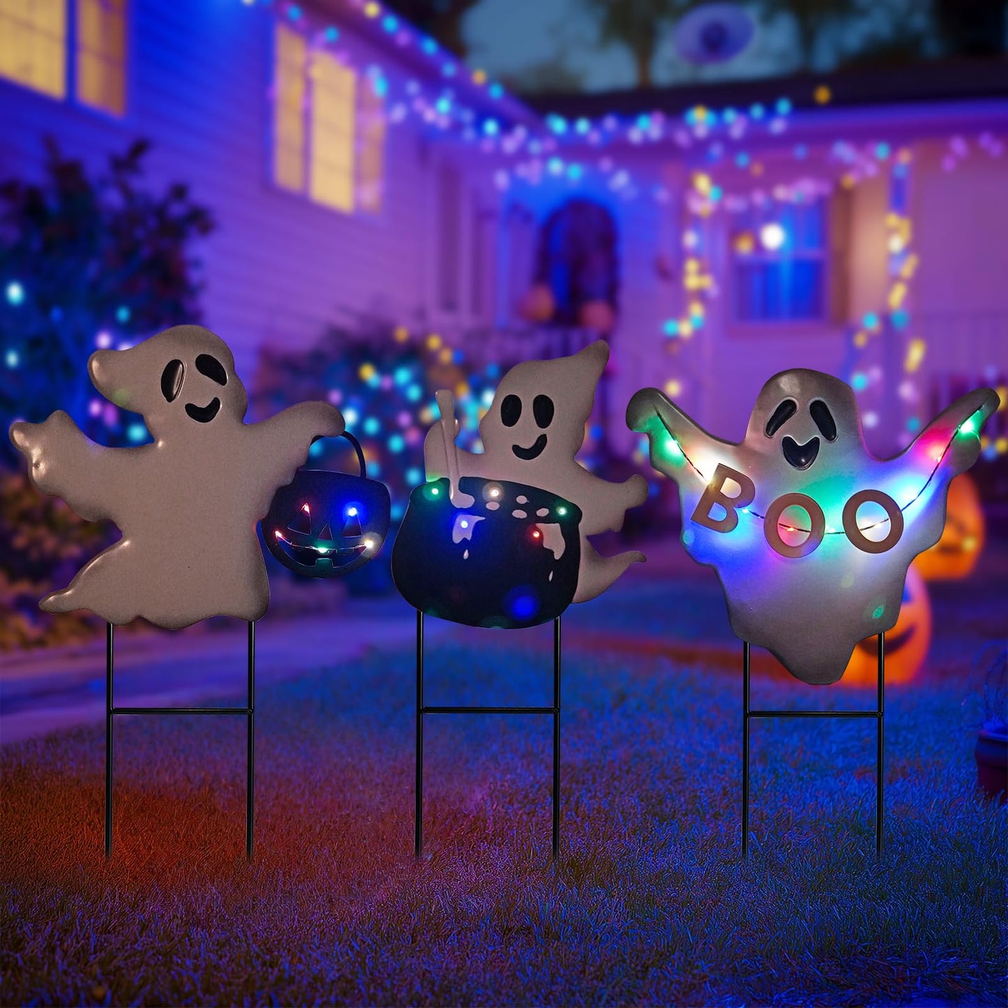 HONGLAND Solar Powered Halloween Yard Stakes, 3 Pack 24" Metal Outdoor Decor with Ghost, Pumpkin and Cauldron for Garden, Lawn, Patio