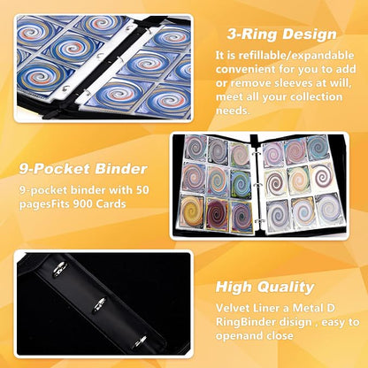 Jravkfi 9 Pocket Trading Card Binder,900 Pockets Trading Card Collection Book with Sleevese,3-ring Zipper Sports Card Album with 50 Removable Double-Sided Card Holder (Black)
