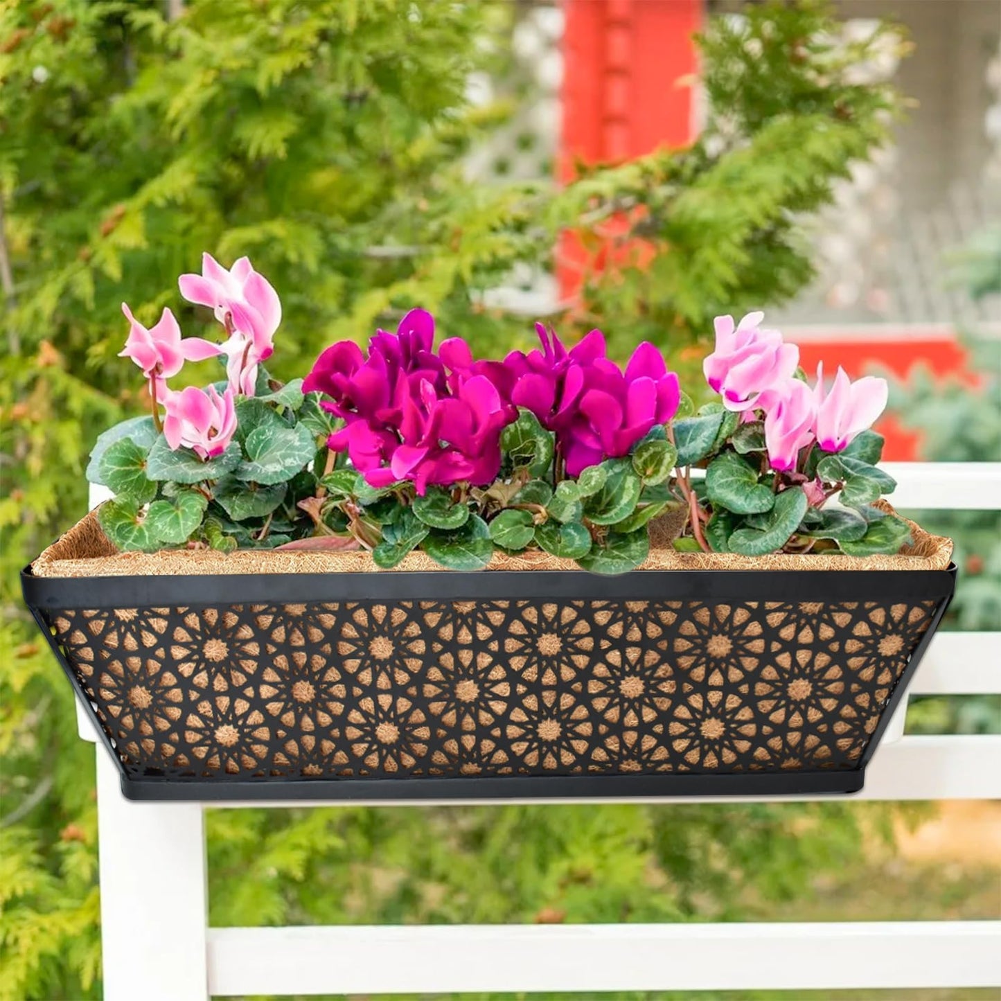 Halatool Railing Window Balcony Deck Planter Boxes Outdoor, 2 Pack 24 Inch Metal Heavy Duty Planter Boxes with Coco Liner for Windowsill Fence Porch Patio Lawn