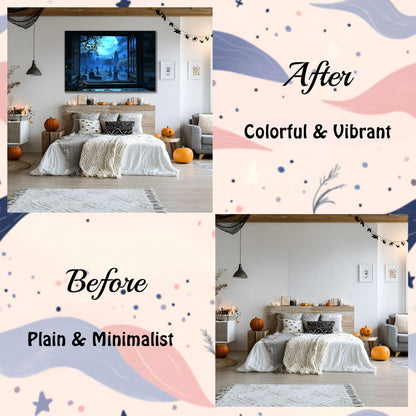 AMAZING WALL Graveyard Fake Window Sticke –3D Haunted Cemetery Illusion Wall Decal with Full Moon & Gothic View–Peel and Stick Halloween Decoration for Home,Door,Wall,32x48in/2PCS