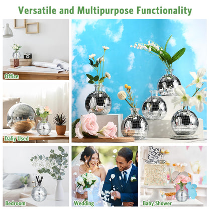 Layhit 12 Pcs Disco Ball Vase for Flower and Plant 4 Inch Small Glass Vase Silver Mirror Mini Disco Ball Planter for Indoor Outdoor Wedding Birthday Home Bedroom Kitchen Office Decoration