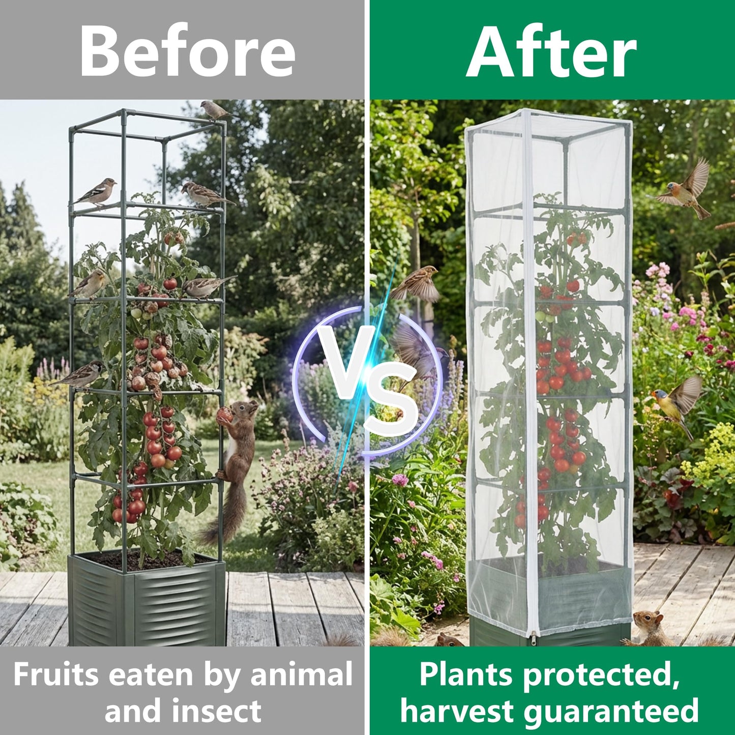 2 Pcs Garden Bird Netting Plant Cover for Square Tomato Cage, 78.7" x 21.6" Insect Bird Barrier Tomato Cage Net with Zipper & Drawstring, Tomato Trellis Netting Protection Cover for Protecting Plants